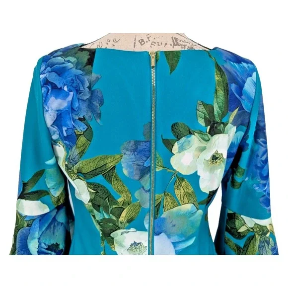 CALVIN KLEIN Midi Dress SIZE 8 Turquoise Blue White Bold Floral Easter GREAT - Picture 12 of 13